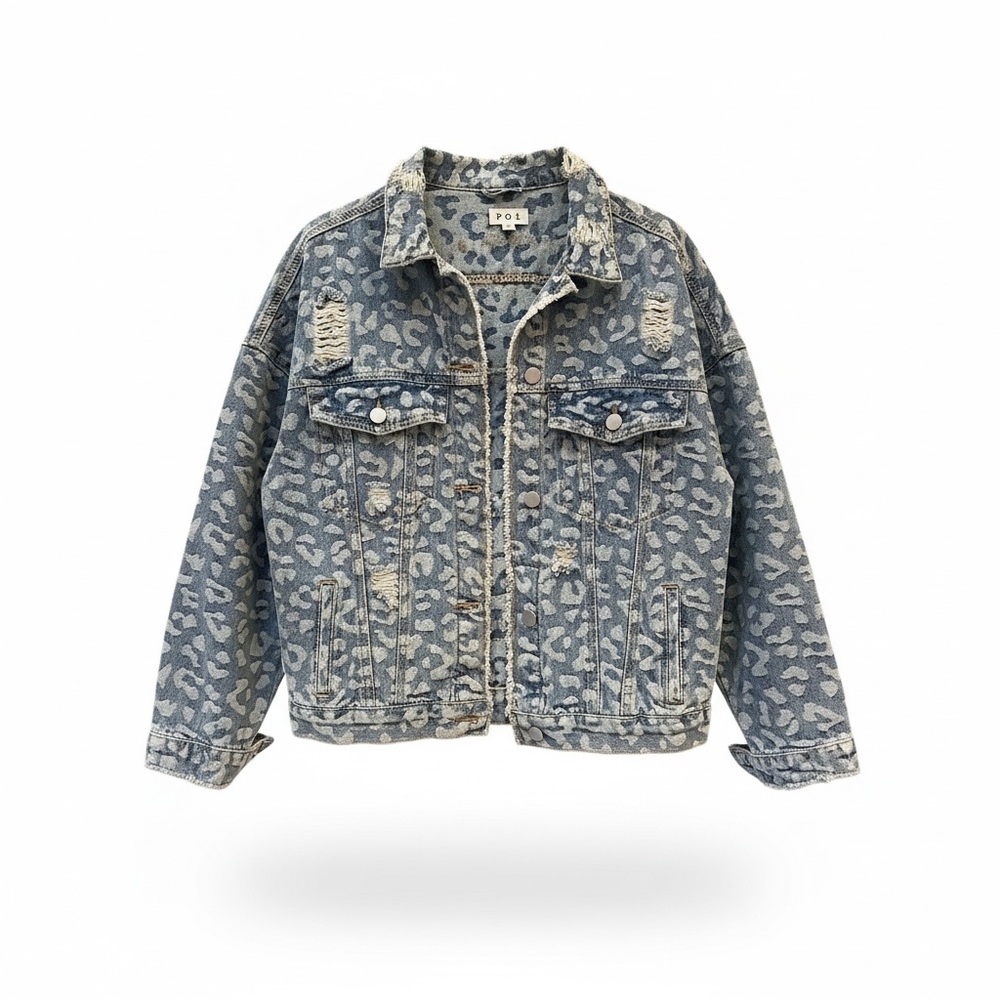 POL Women’s Leopard Print
Distressed Cropped Denim Jacket M Boho Grunge
Y2K